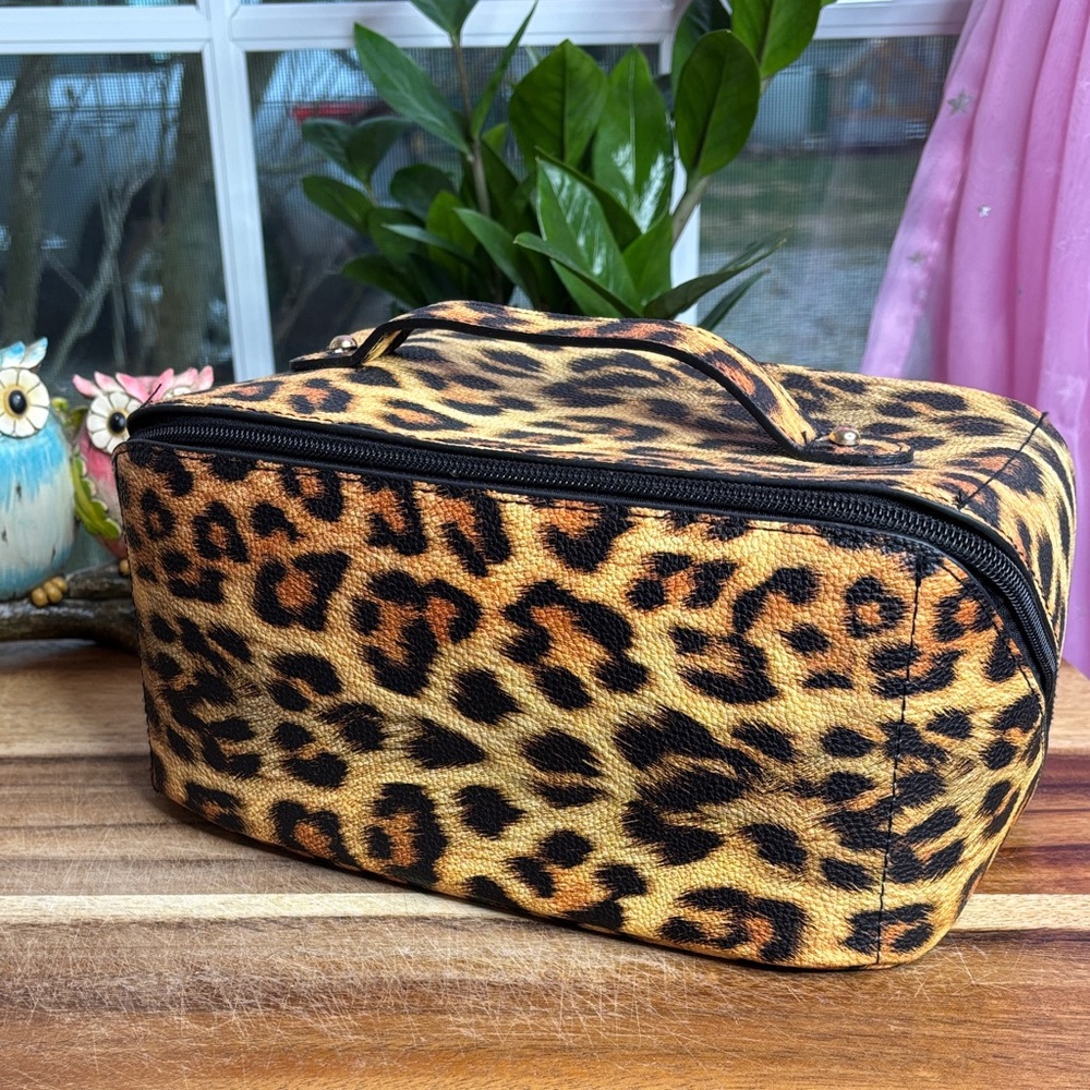 Leopard Print Cosmetic Train Case - Black & Tan